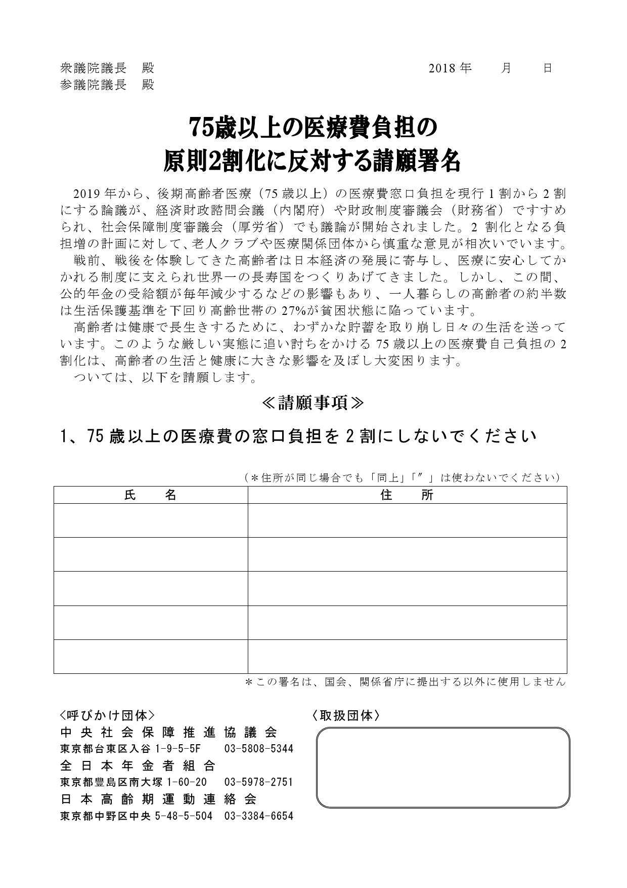 75歳以上の医療費負担の原則2割化に反対する請願署名 - 中央社保協